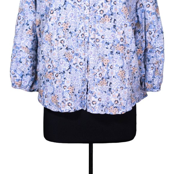 Free People Women's Shirt Button Up Blue Floral Boho Peasant Blouse Top Size L - Picture 5 of 8